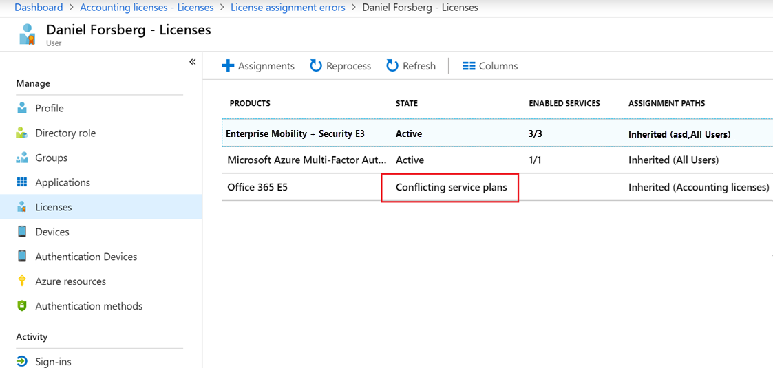 Screenshot of the view of all license conflicts for a user.