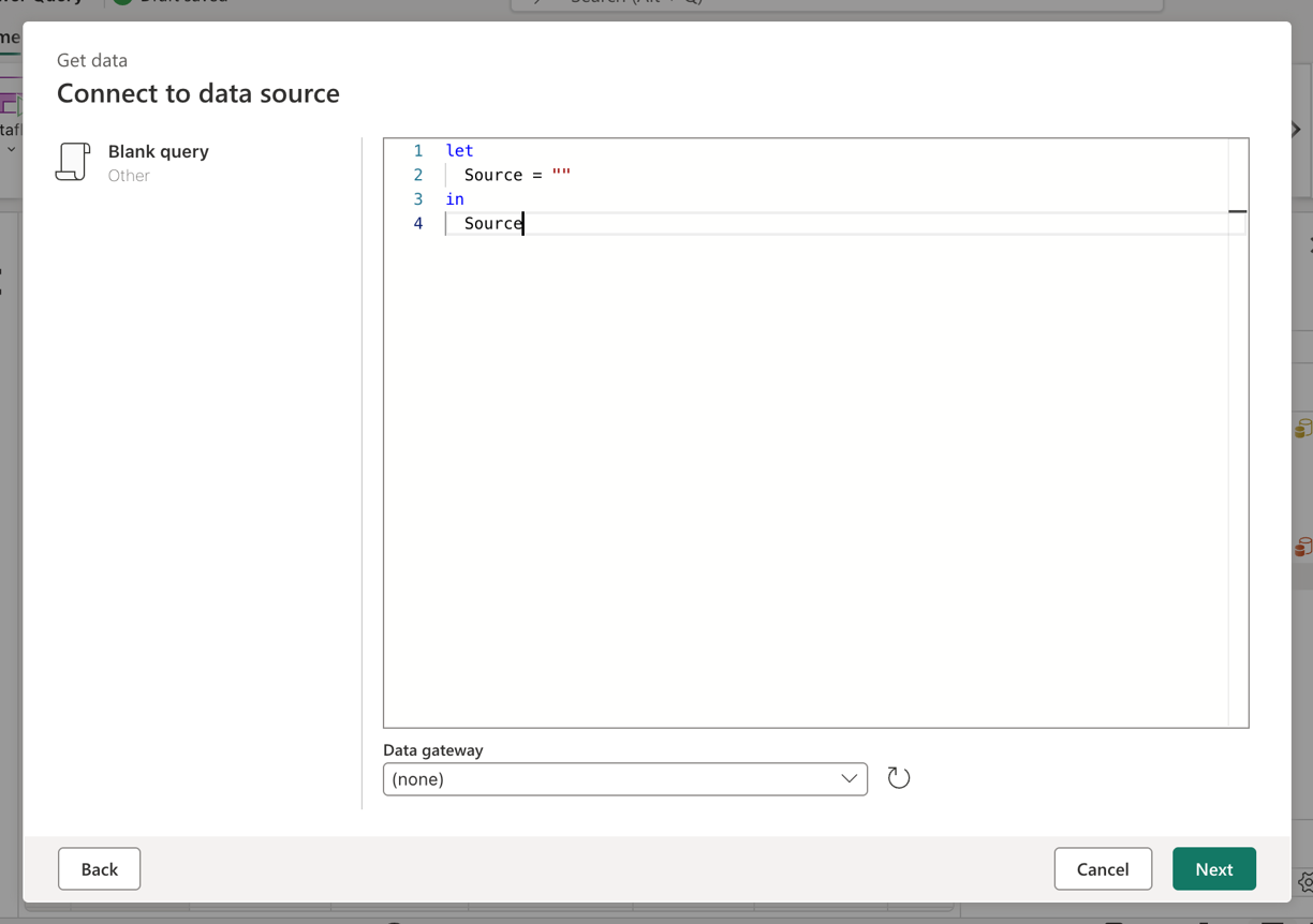 Screenshot of the blank query dialog.