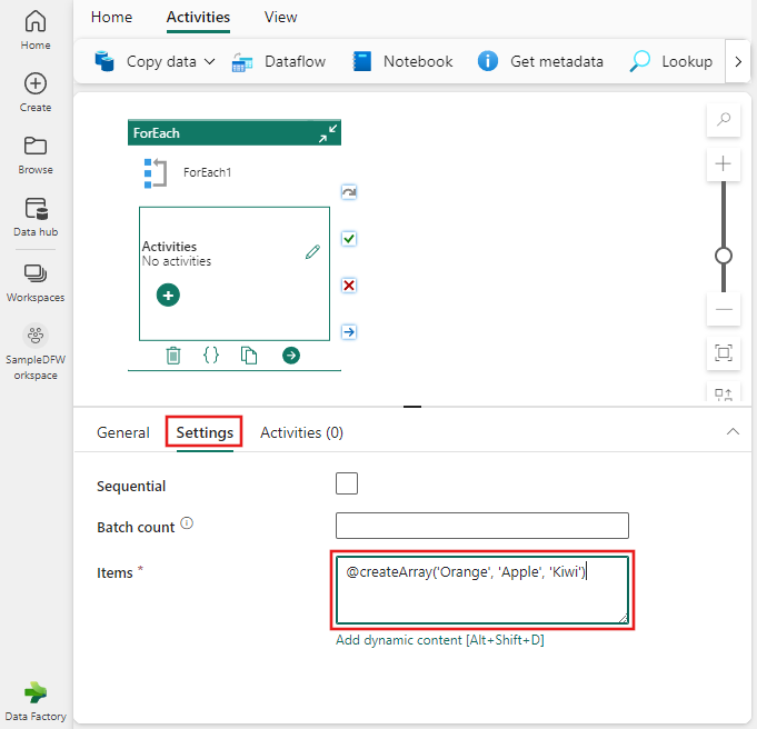 Screenshot showing the ForEach settings tab with several items added to the Items list.