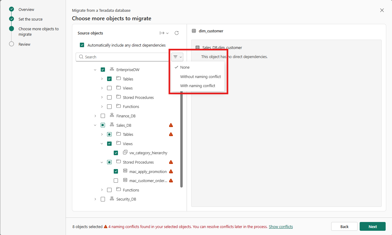 Screenshot of the naming conflict filter on the Choose more objects to migrate page.