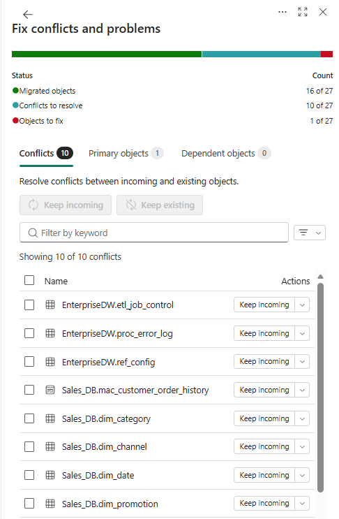 Screenshot of the objects on the Conflicts tab.
