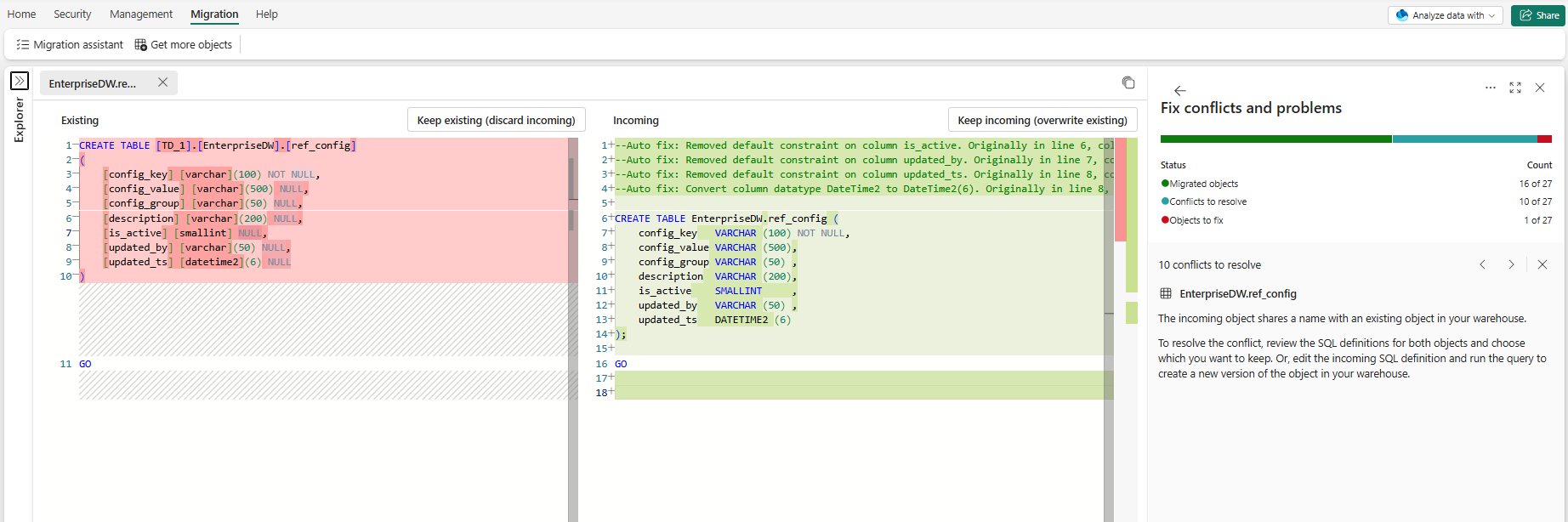 Screenshot comparing the existing and incoming SQL definitions for an object.