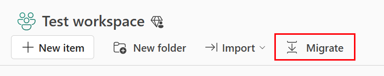 Screenshot from the Fabric portal of the Migrate button in the item action deck.