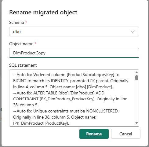 Screenshot of the Rename migrated object dialog.