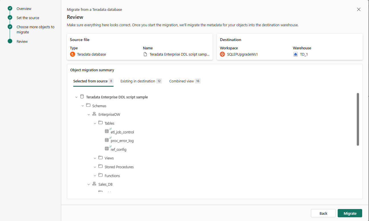 Screenshot of the source, destination, and object migration summary on the Review page.