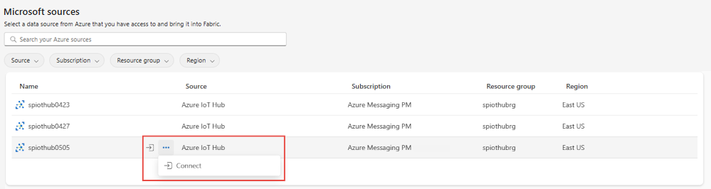 Screenshot that shows the Microsoft sources tab with filters to show IoT hubs and the connect button for an IoT hub.