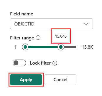 A screenshot showing a filter dialog box for configuring a numeric range filter. The Field name dropdown is set to YEAR at the top. Next, the Filter range section displays a horizontal slider with a green track between two circular handles, spanning from 1.9 K on the left to 2 K on the right. A tooltip shows the value 2025 above the right handle demonstrating what happens when you hover over a point on the slider. At the bottom, a Lock filter toggle switch appears in the off position, followed by Apply and Cancel buttons.