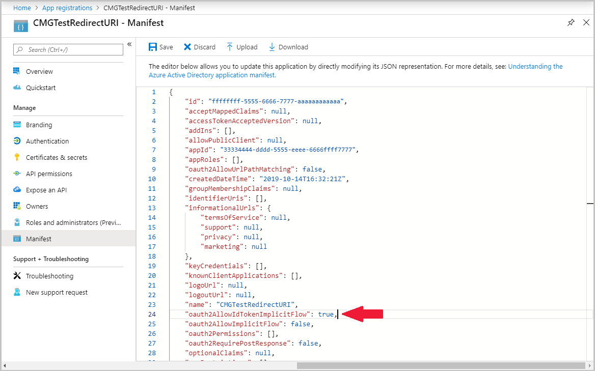 Azure portal showing the manifest for the registered app