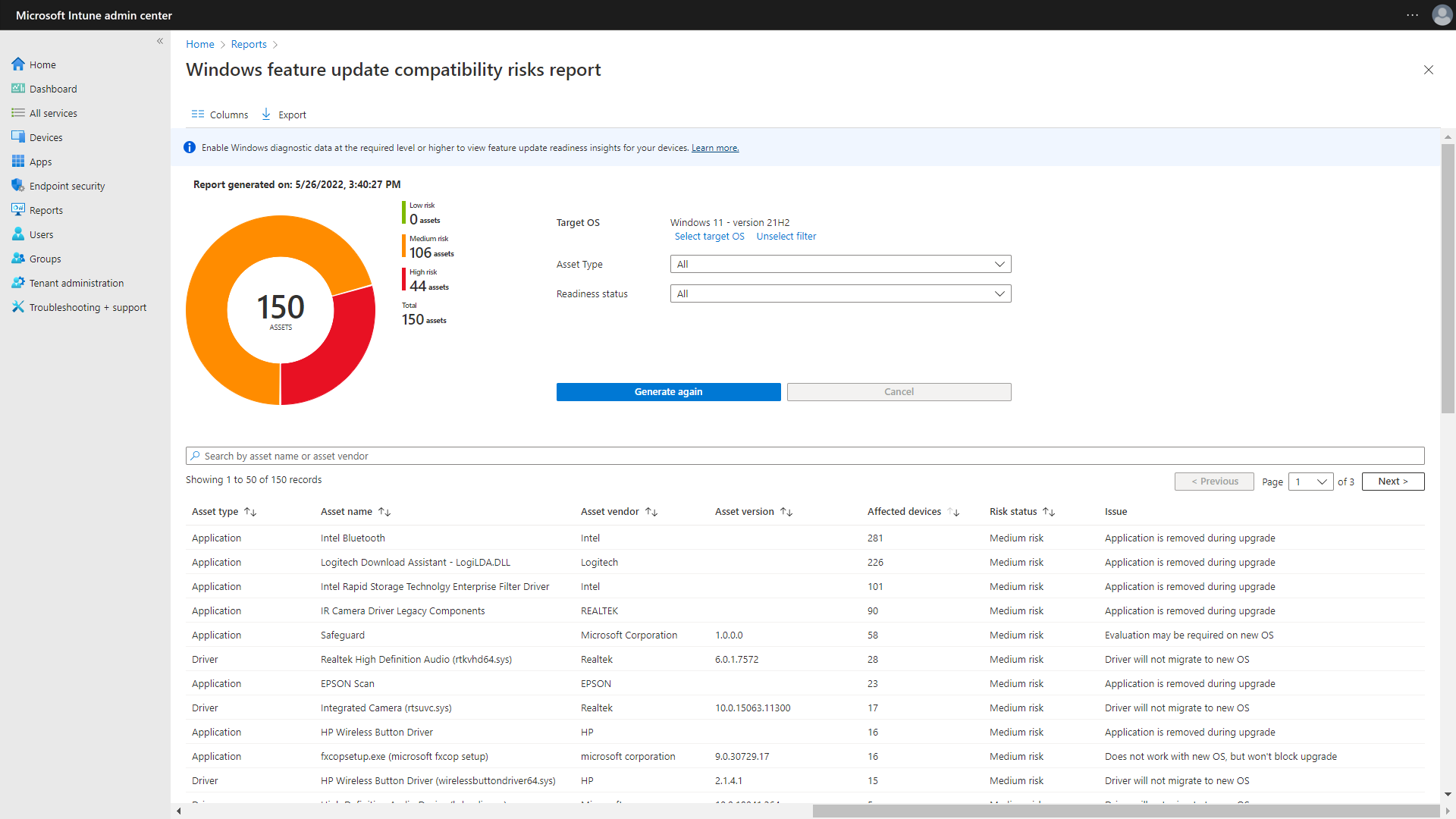 Screen shot of the Windows feature update compatibility risks report.