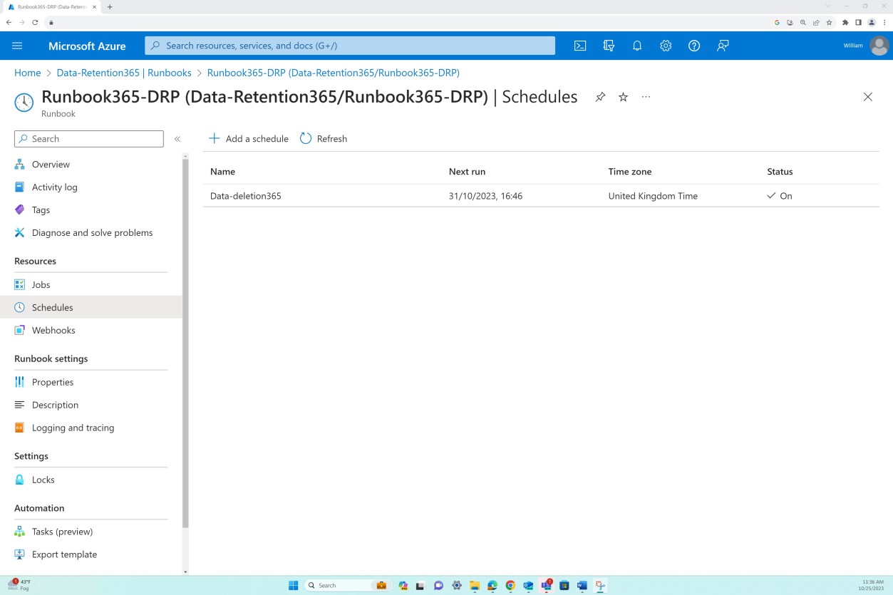 Azure schedules overview data retention settings.