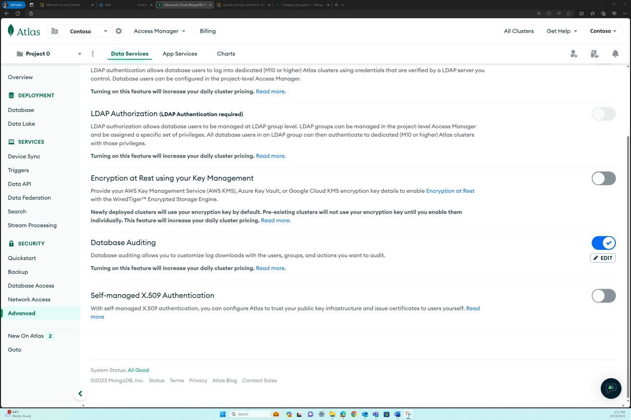 MongoDB Cloud Data Services page showing database auditing selected.