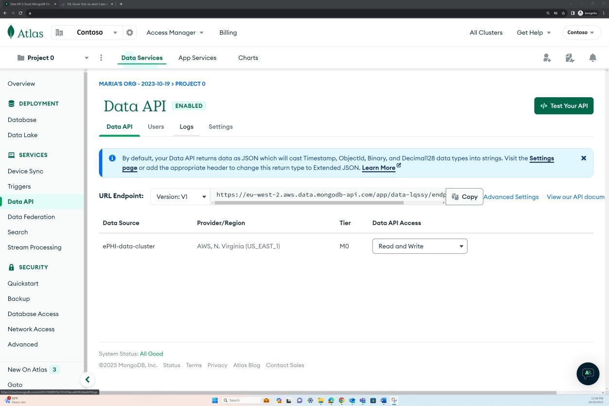 MongoDB Cloud Data Services page with Data API enabled and the ePHI data cluster data source.