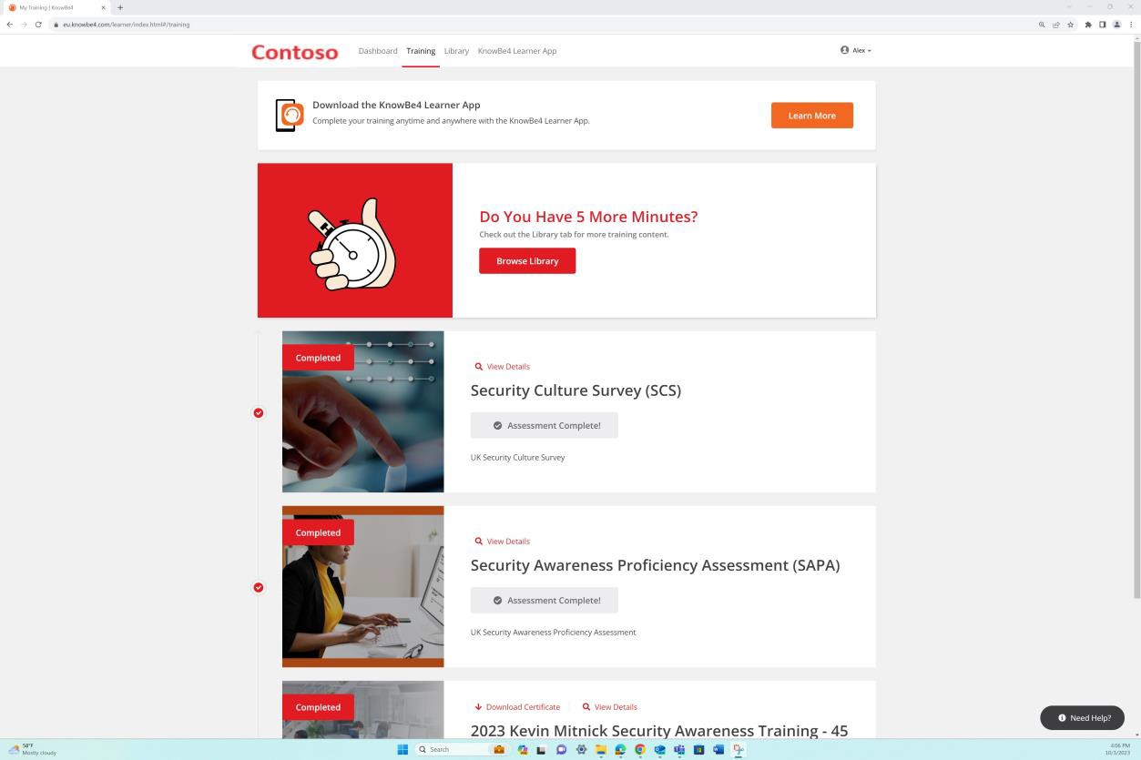 Dashboard showing completed training modules for security awareness and culture survey.