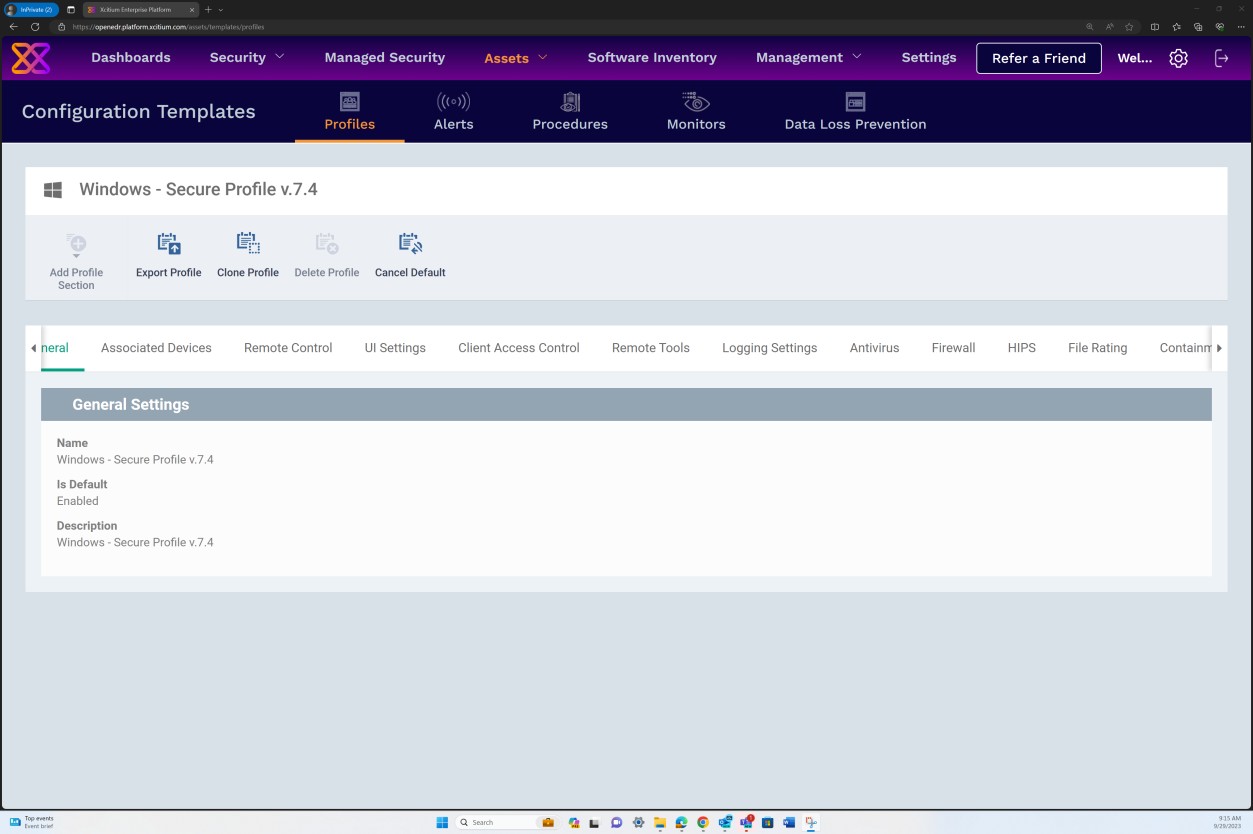Windows secure profile v 7.4 general settings.