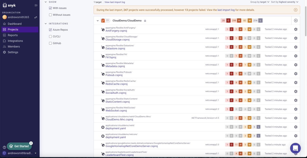 Scan of base code for vulnerabilities via Snyk. issues are listed by severity