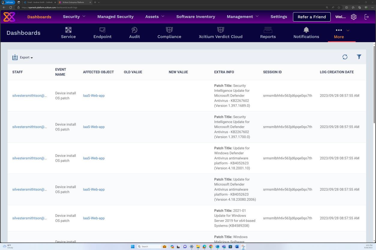 Log list of patches in OpenEDR portal.