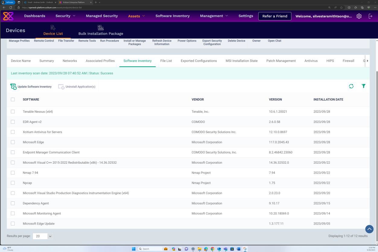 OpenEDR software inventory with columns for software, vendor, version, install date.