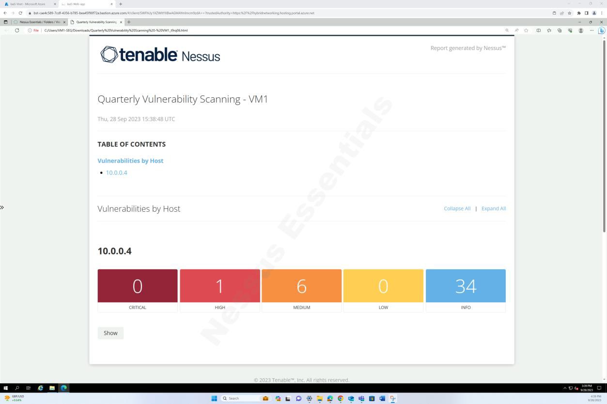 Nessus scanning report page 1 with header, table of contents and summary cards of vulnerabilities found by severity.