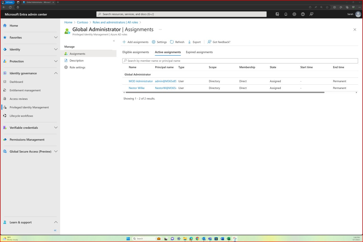 Microsoft Entra global admin page active assignments with MOD admin and users.