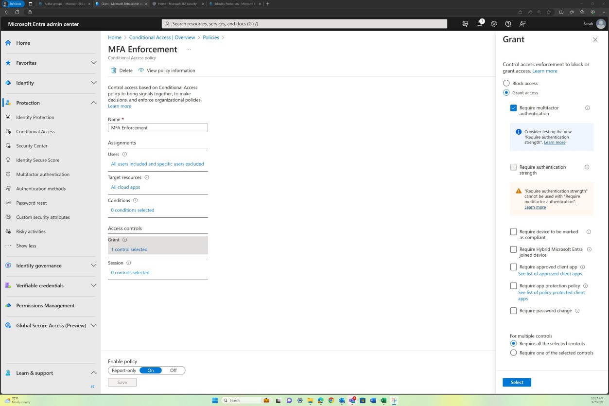 Microsoft Entra admin center MFA enforcement policy overview.