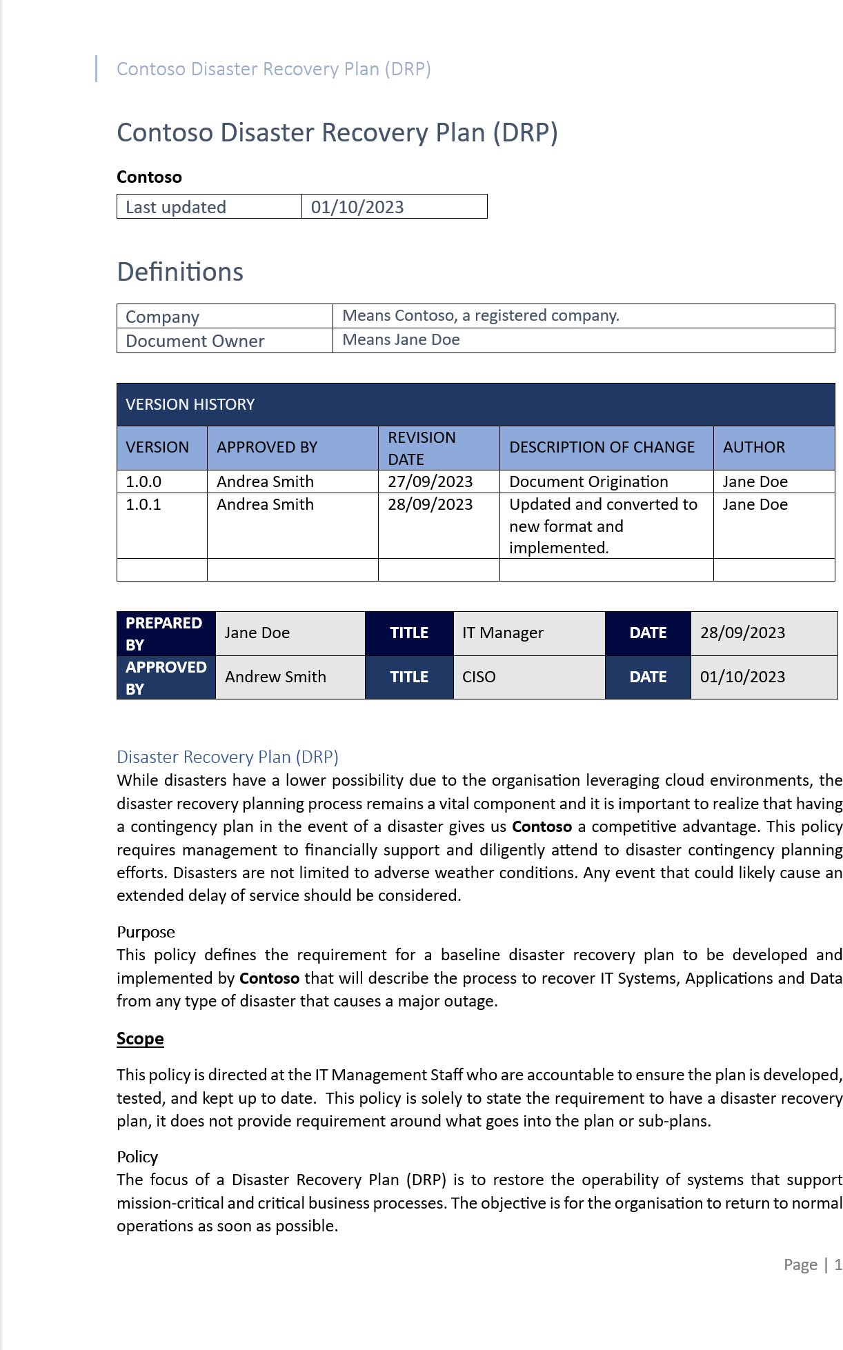 Disaster recovery plan header document with last updated date, definitions, version history, prepared by info, and an overview of the recovery plan.