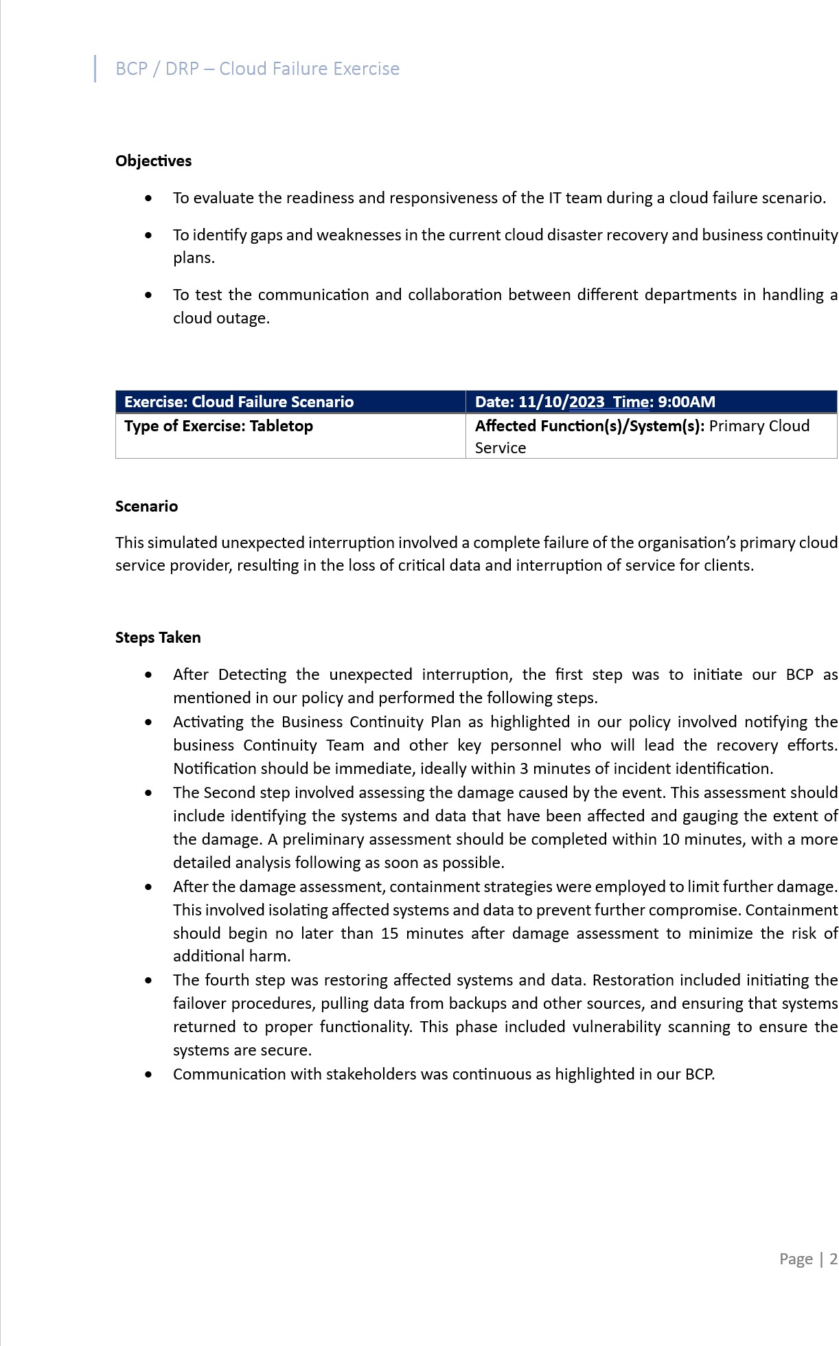 Disaster recovery plan document cloud failure exercise objectives including exercise name and type, date and affected function, scenario description and steps taken.