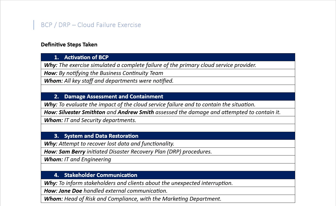 Disaster recovery plan document cloud failure exercise definitive steps taken table including activation of BCP, damage assessment and containment, system and data restoration, and stakeholder communication.