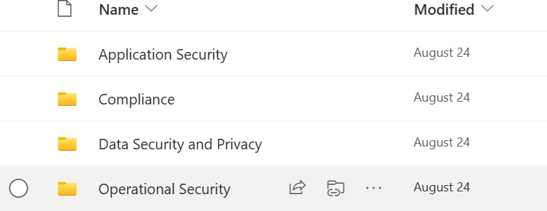 Subfolders within the Evidence folder includes Application security, compliance, data security and privacy, and operational security.