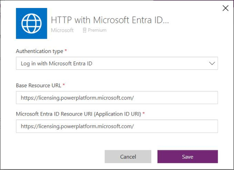 Screenshot showing configuration of the licensing host URL as the Base Resource URL for the HTTP with Microsoft Entra ID connector.