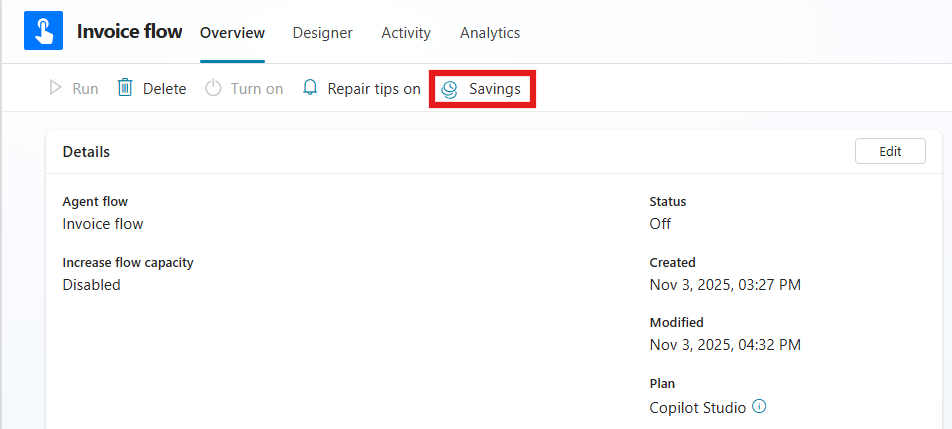 Screenshot of selecting Savings from the agent flow Overview page.
