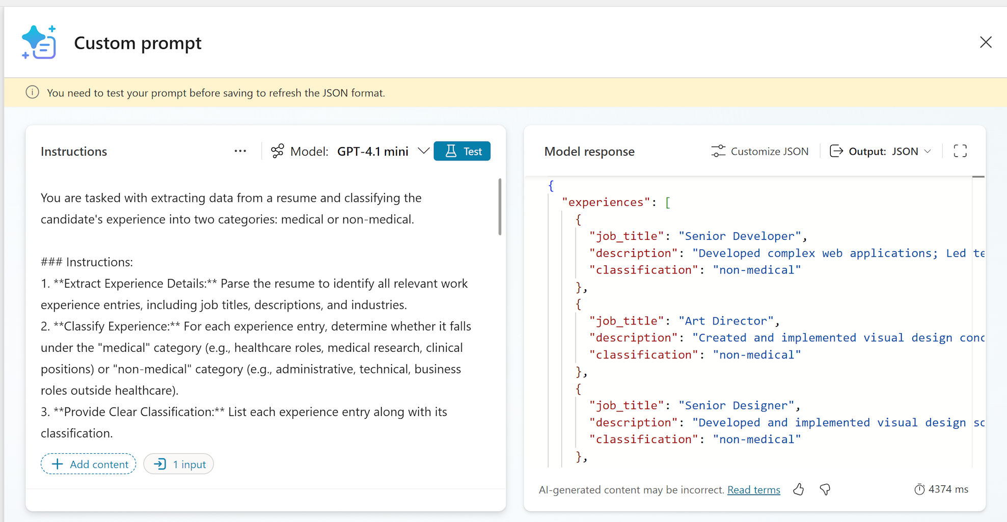 Screenshot of the instructions panel and the model response panel.