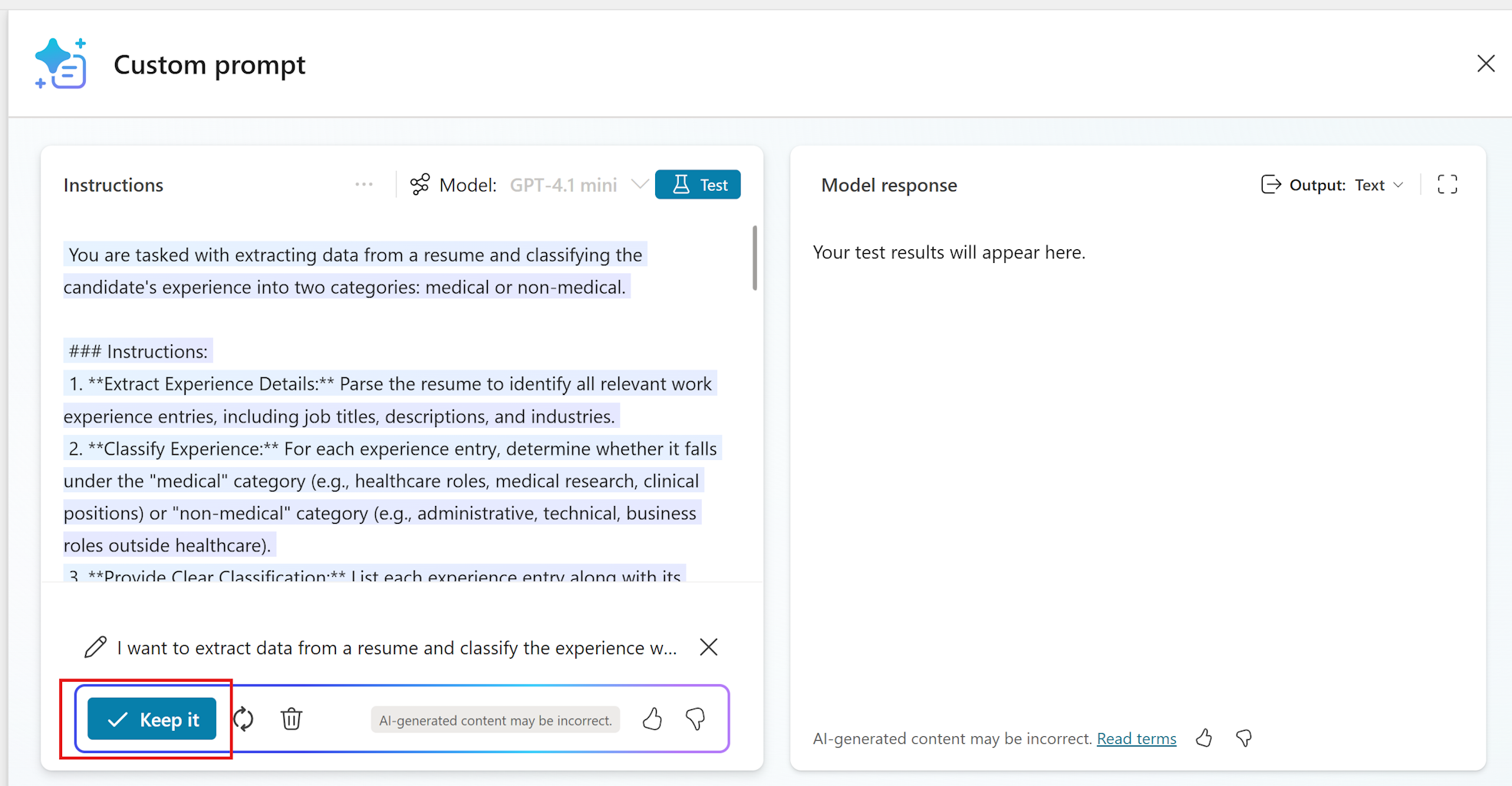Screenshot of a Copilot suggested prompt and the 'Keep it' button.