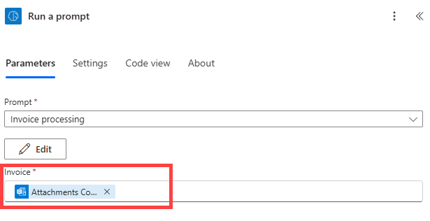 Screenshot of prompt parameters in a cloud flow.