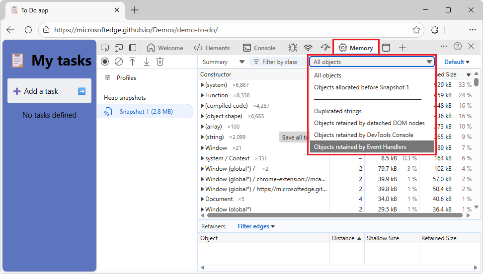 Objects retained by event handlers filter