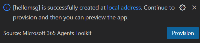 Screenshot shows a dialog saying that the message extension app is created.