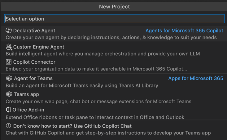 The options in New Project dropdown menu. One option is called 'Office Add-in'.