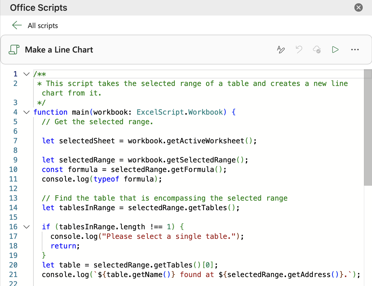 The code editor showing the script code used in this tutorial.