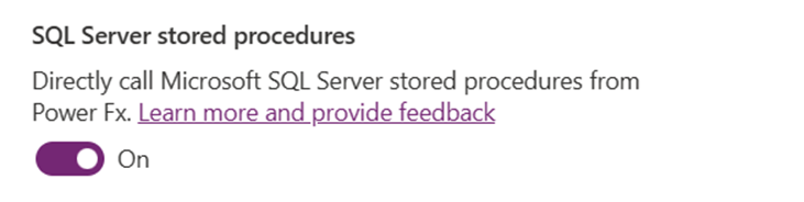 Screenshot that shows the SQL Server stored procedures toggle set to On.