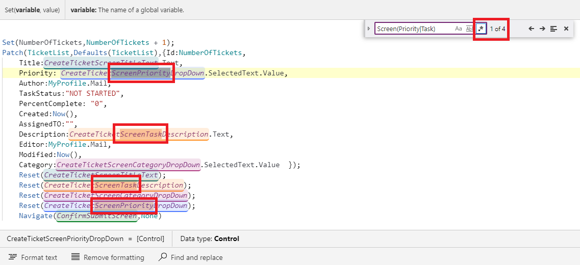 The formula in the formula bar with matching results highlighted for the regular expression shown in the Find and Replace control