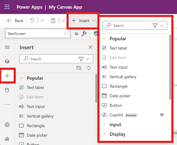 Screenshot that shows where the two insert controls are located. One is in the command bar and the other control (plus sign) is in the navigation menu.