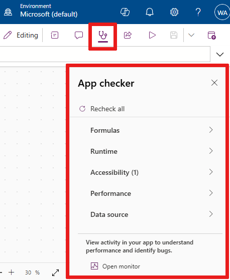 Screenshot that shows where the App checker app action is located and its menu contents.