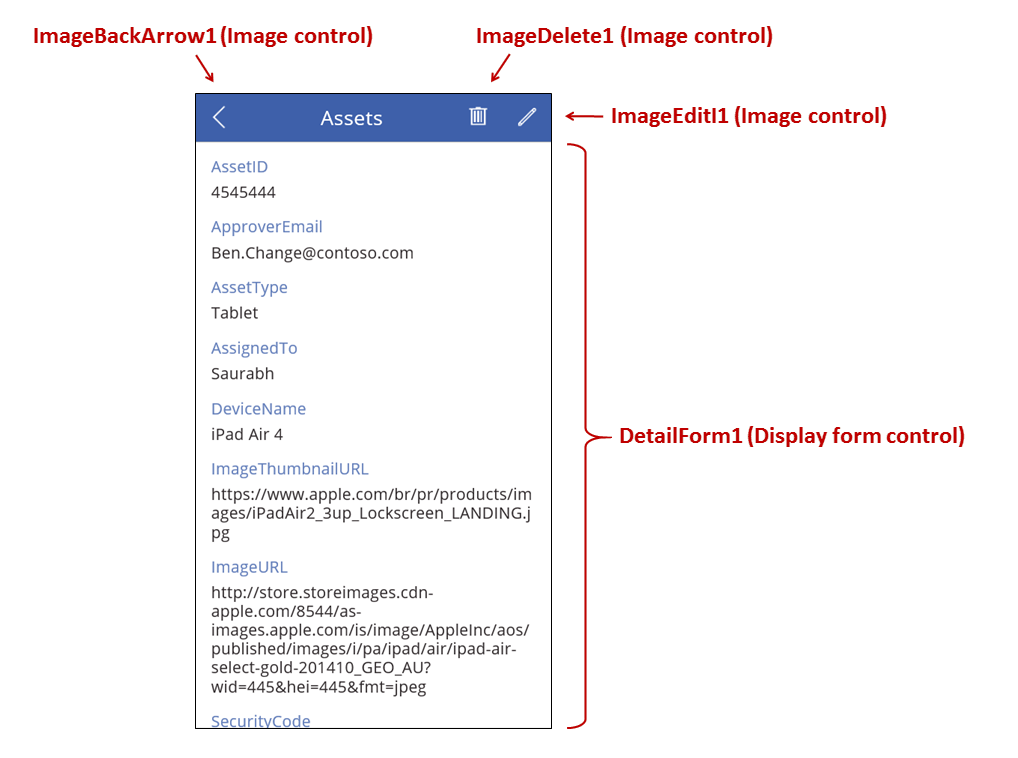 Detail screen controls.