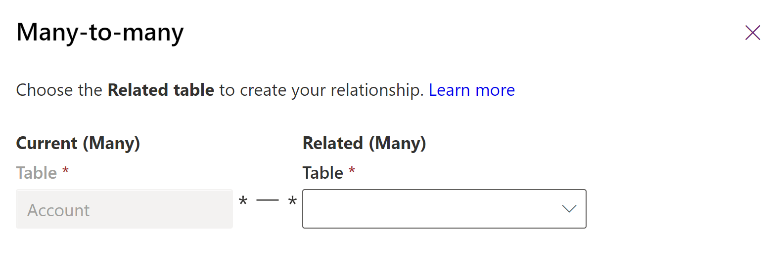 Many-to-many panel with account table selected.