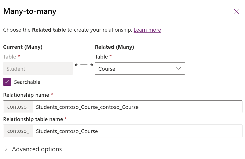 Many-to-many panel with More Options selected.