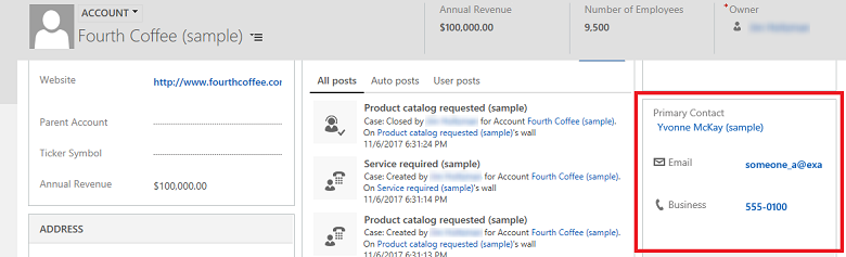 Contact quick view form on the account form Contact quick view form on the account form.