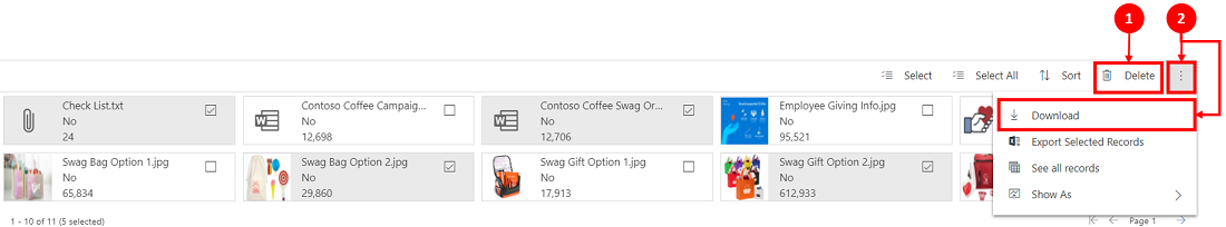 Delete and download commands.