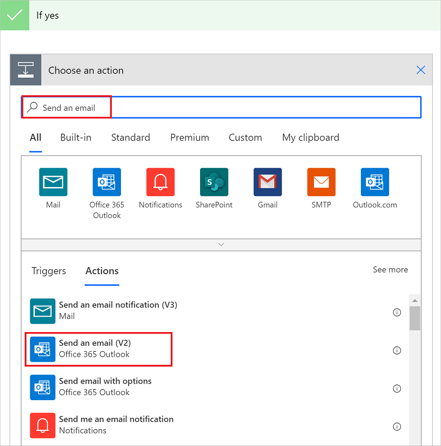 Send an email action Screenshot of choosing the Send an email action.