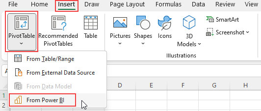 Screenshot of the Insert PivotTable from Power BI option.