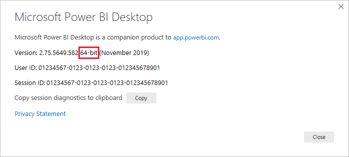 Screenshot of the Power BI Desktop About dialog showing the 64-bit version information.