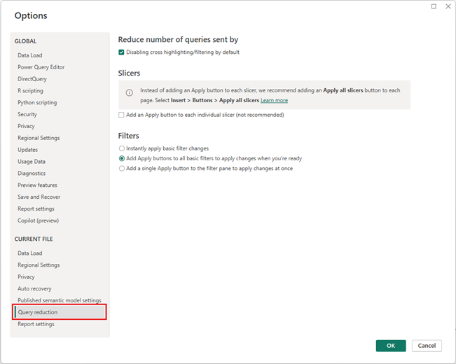 Screenshot that shows Query reduction options.